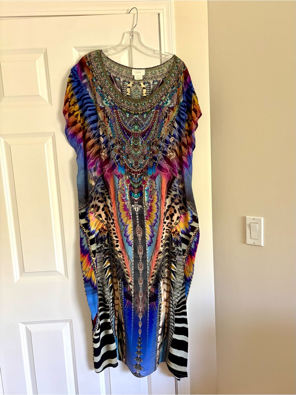 Camilla silk multi color Beaded maxi caftan Dress — Blue, Purple, Pink, Gold.